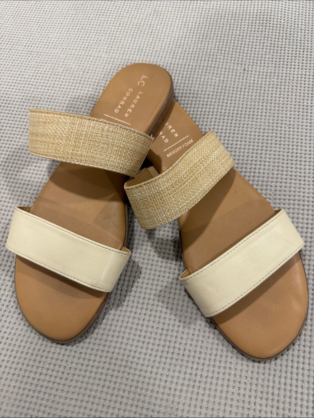 LC Lauren Conrad Cream and Natural Double Band Slide Sandals